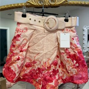 Zimmermann Pink and Cream Floral Shorts with Pearl Belt